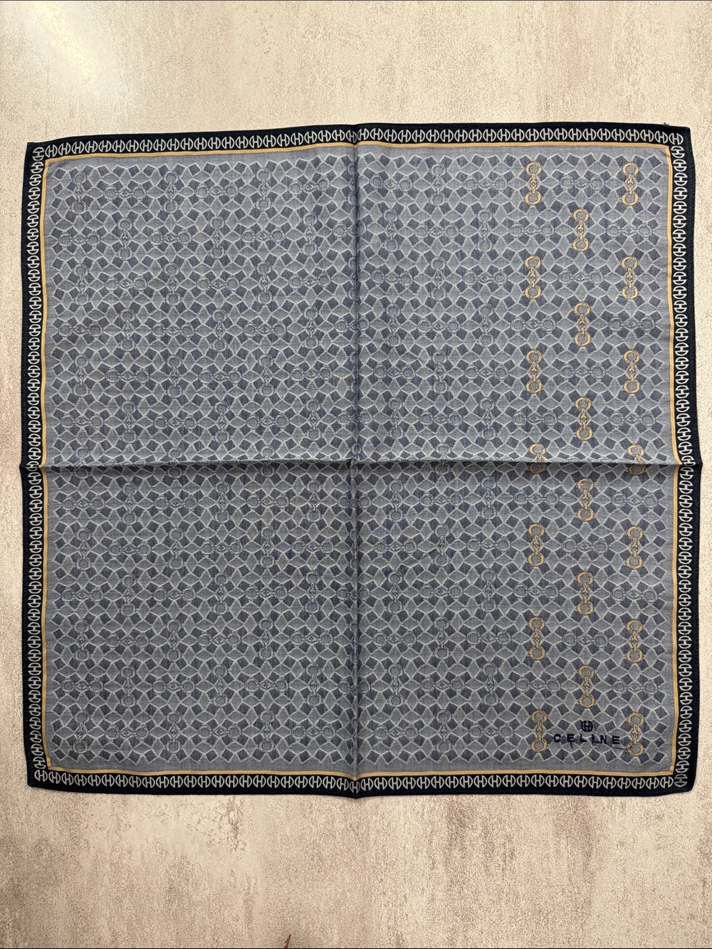 Celine Navy Blue and Gold Link-Print cotton Pocket Square